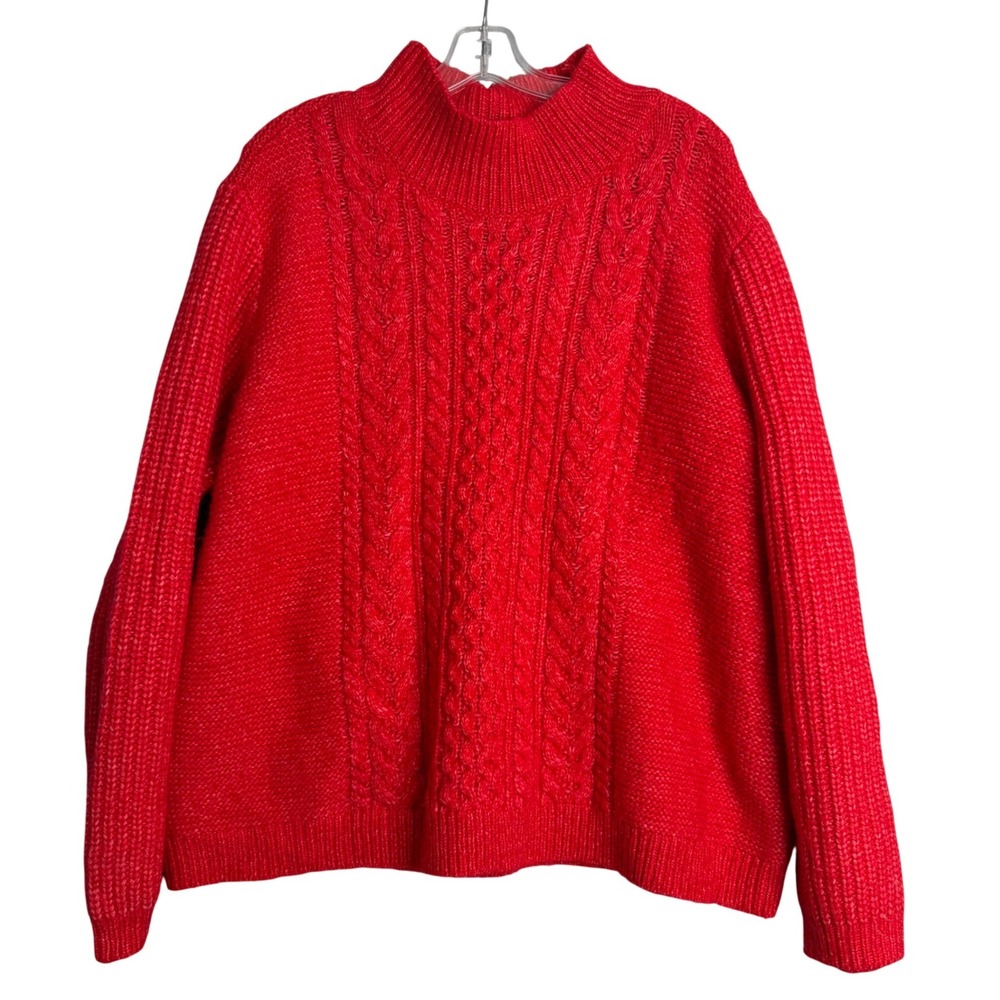 Loft Plus Cable Knit Womens 20/22 Red Wool‎ Blend Soft Mock Neck Preppy Classic